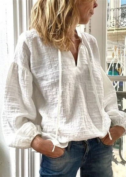 Loose White V Neck Lace Up Linen Blouses Long Sleeve