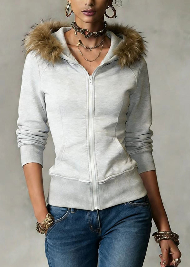 Grey Hooded Fur Collar Patchwork Cotton Coat Spring