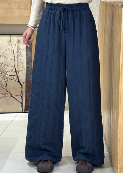 Beige Pockets Elastic Waist Fine Cotton Filled Pants Winter
