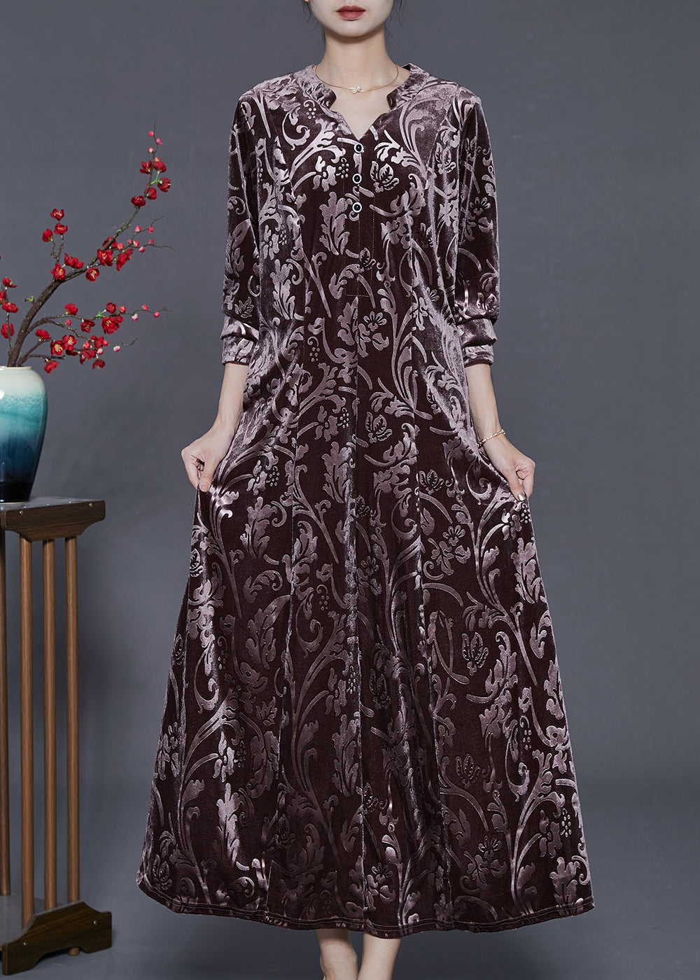 Chocolate Jacquard Silk Velour Long Dress Two Piece Set Fall