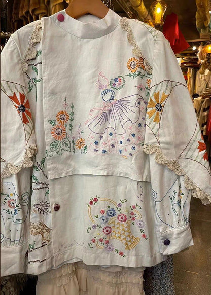 Handmade Blue Polka Dots Embroidered Patchwork Cotton Blouse Tops Fall
