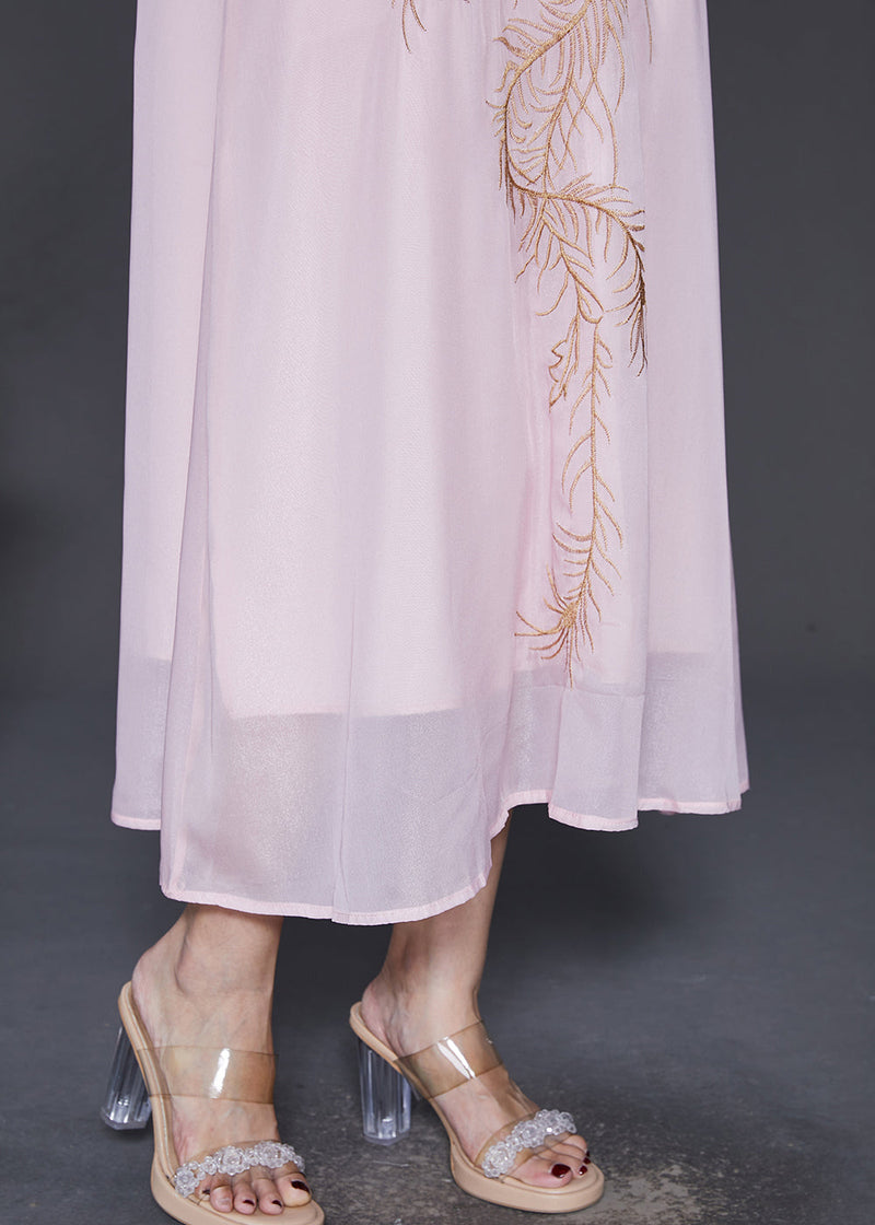 Organic Pink Embroidered Chiffon a Line Dress Bracelet Sleeve