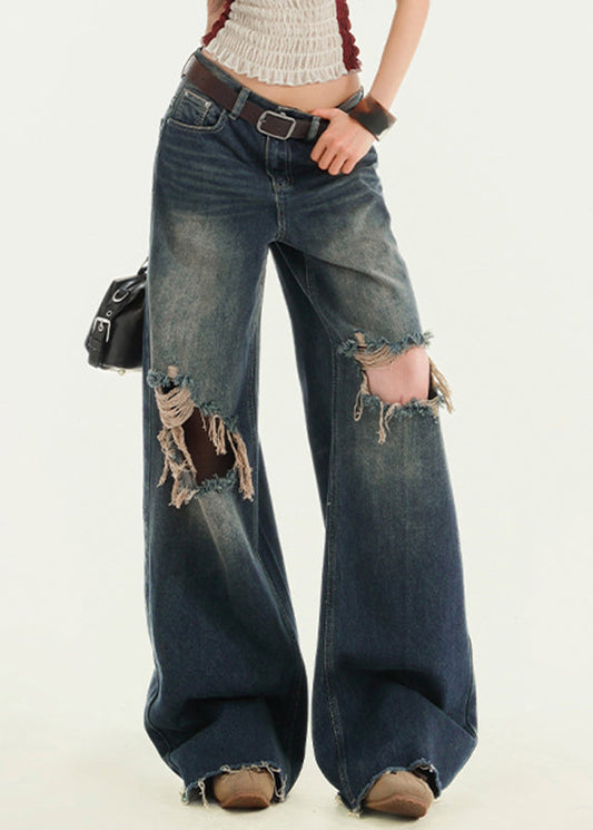 Blue High Waist Wide Leg Ripped Jeans Fall