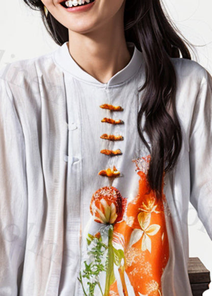 Beige Stand Collar Button Print Cotton Shirts Fall