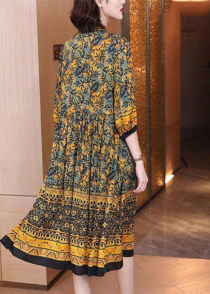 Classy O-neck Print Button Wrinkled Silk Dress Long Sleeve