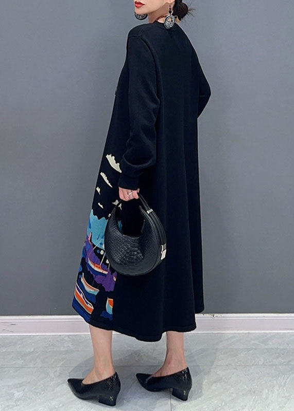 Black O-neck Print Knit Long Sweater Dresses Fall