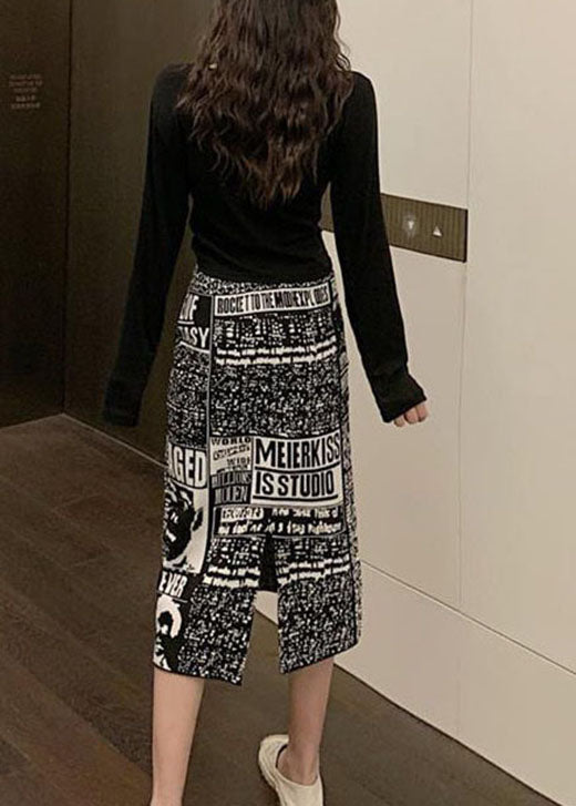 Organic Black Print Knit Side Open Skirt Spring