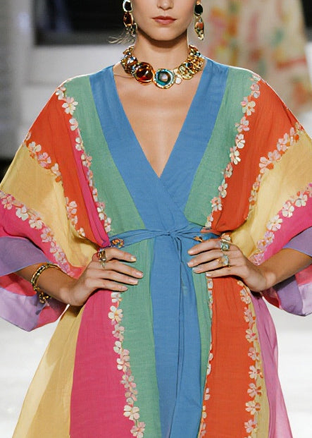 Multicolored Striped Flower Cotton Tunic Dress Summer