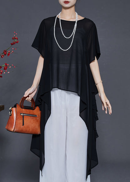 Black Asymmetrical Chiffon Shirts Summer