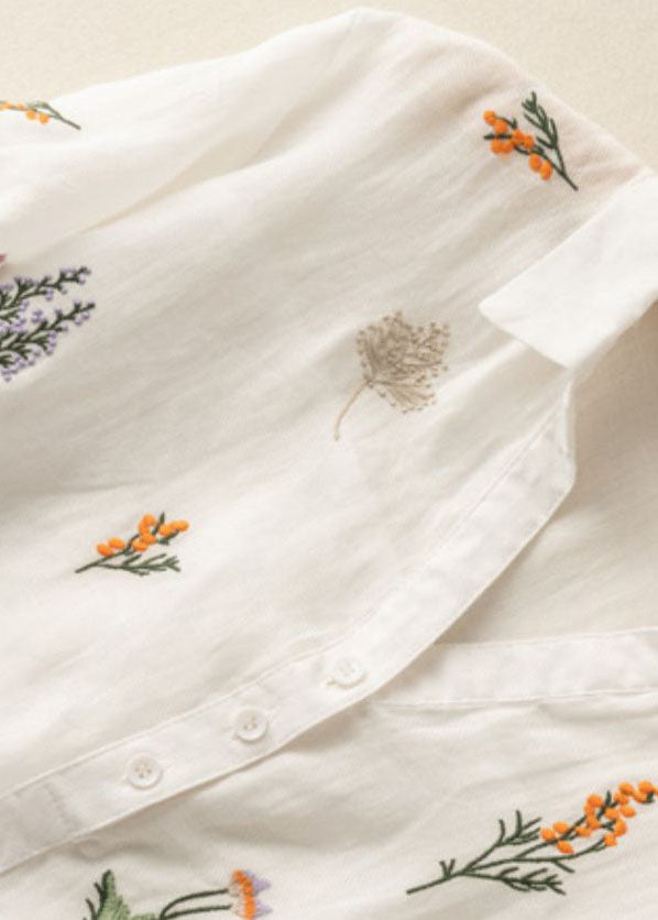 White Peter Pan Collar Print Patchwork Linen Shirt Top Summer
