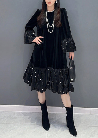 Black Zircon Patchwork Silk Velour Dress O Neck Long Sleeve