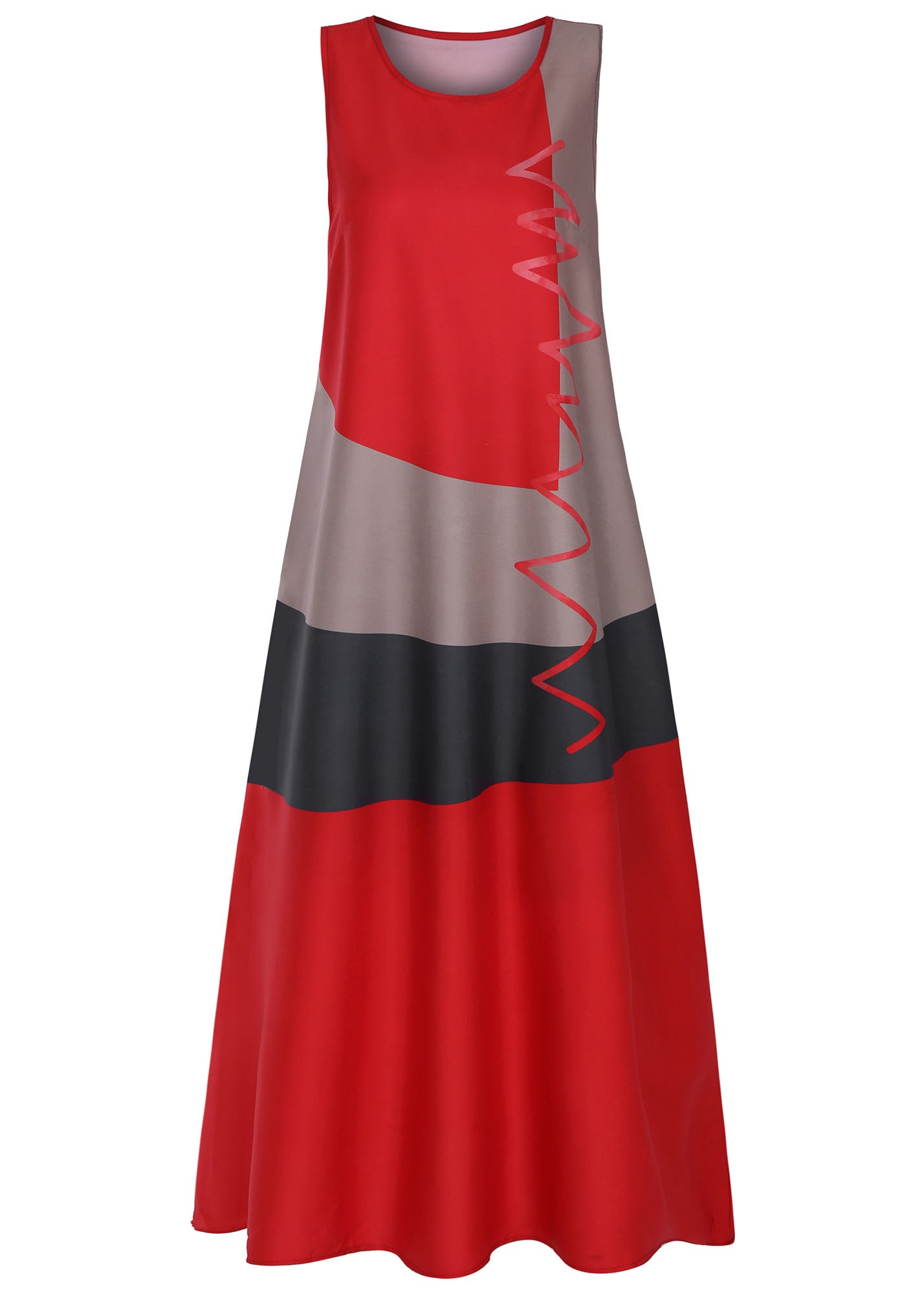 Sleeveless Patchwork O-neck Side Pocket Long Maxi Dress