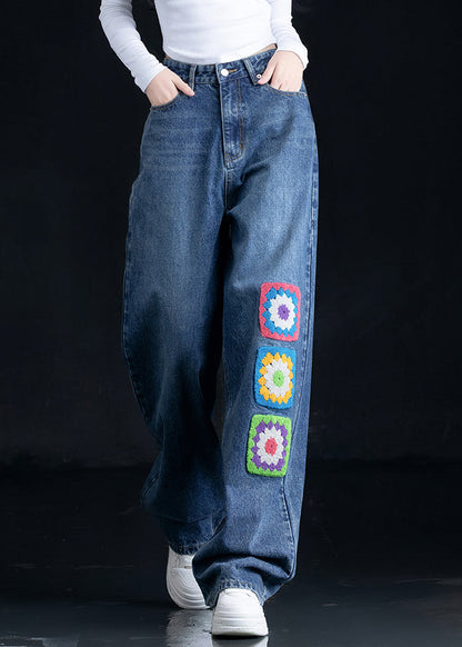Blue Embroidered Pockets Denim Straight Pants Fall