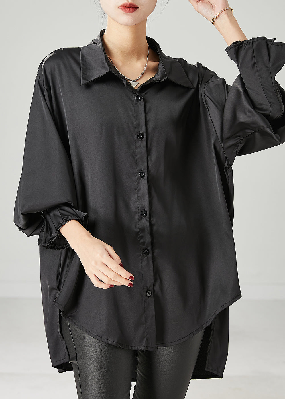 Black Oversized Draping Chiffon Blouses Spring