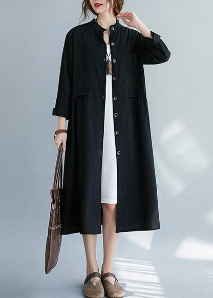 French Black Clothes Stand Collar Button Down a Line Spring Dress