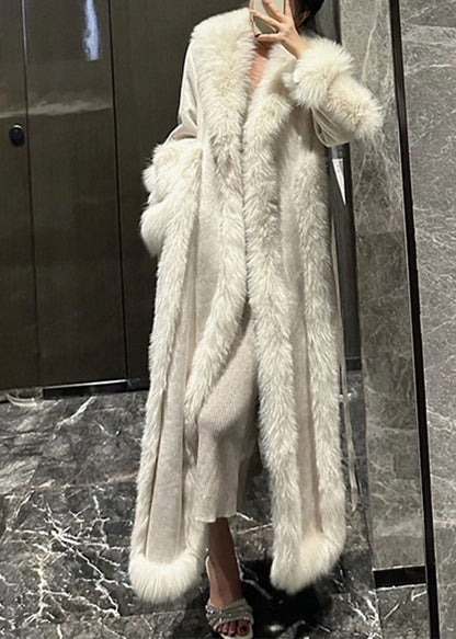 Style White Fox Collar Patchwork Pockets Leather and Fur Long Coats Winter