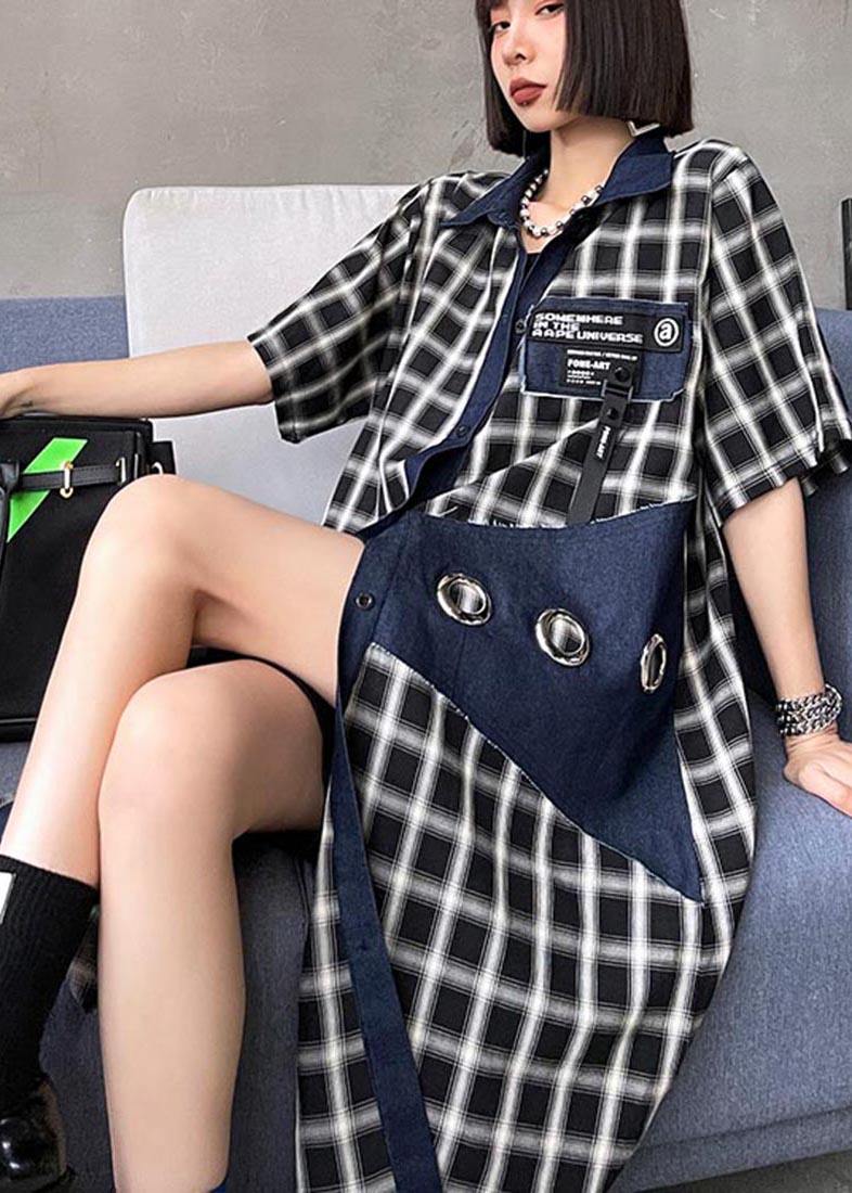 Blue Plaid Patchwork Peter Pan Collar Summer Cotton Dress