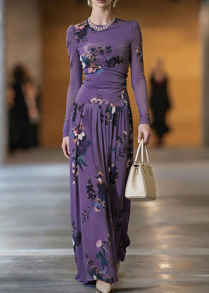 Purple O-neck Print Top and Maxi Skirts Two Pieces Set Spring