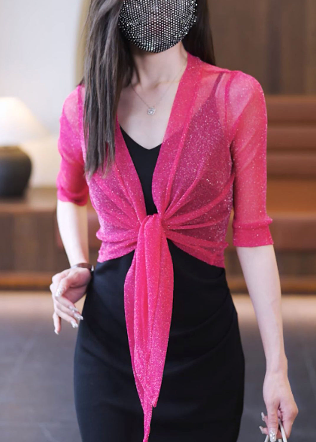 Simple Rose V Neck Lace Up Tulle Cardigans Half Sleeve