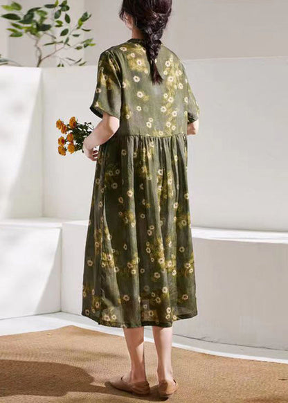Talian Green Print Wrinkled Patchwork Linen Dress Summer