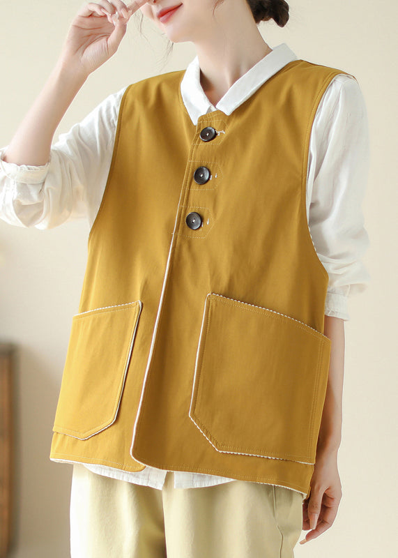 New Yellow Pockets Wear on Both Sides Cotton Waistcoat Sleeveless