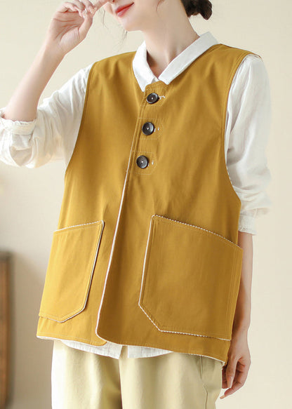 New Yellow Pockets Wear on Both Sides Cotton Waistcoat Sleeveless