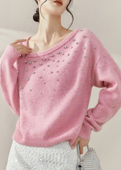 Pink O-neck Nail Bead Cozy Cotton Knit Sweater Fall