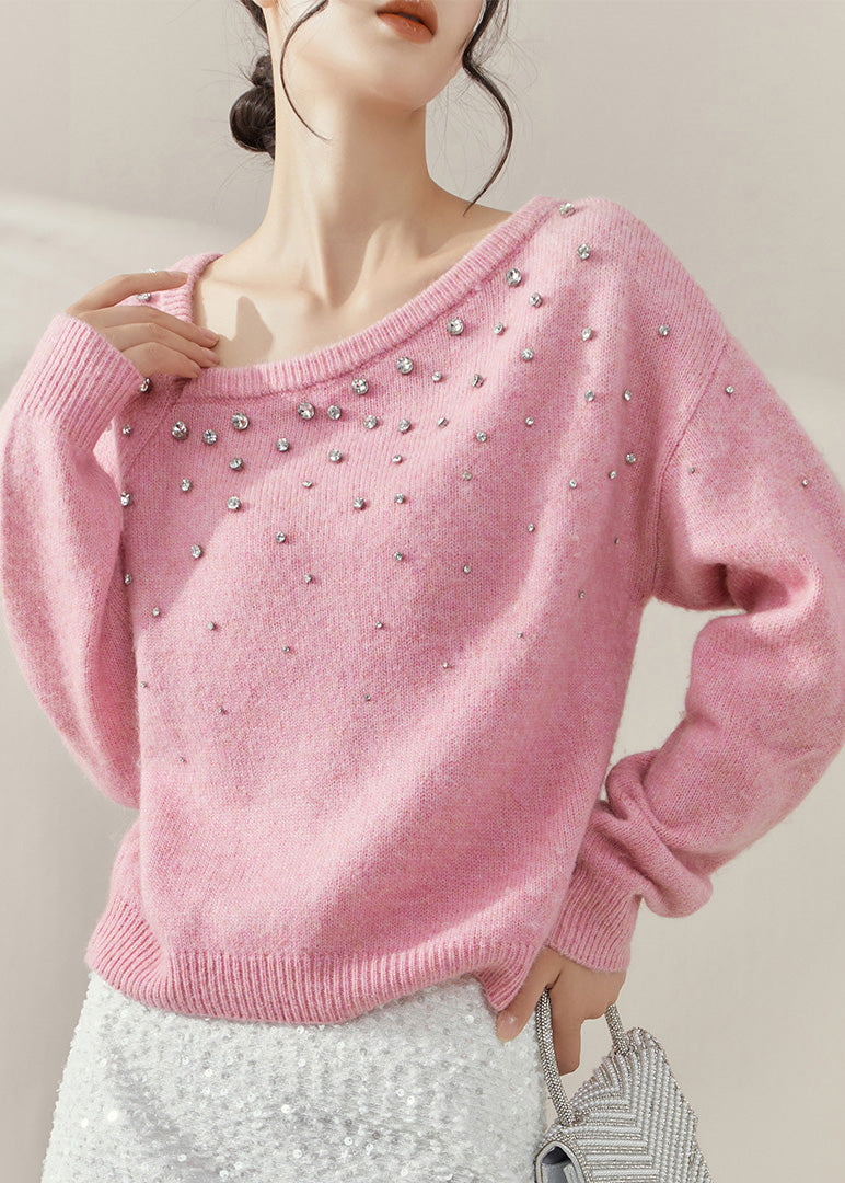 Pink O-neck Nail Bead Cozy Cotton Knit Sweater Fall