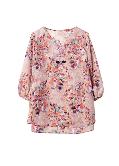 Pink V Neck Print Chiffon Blouse Tops Bracelet Sleeve