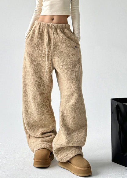 Yellow Pockets Drawstring Faux Fur Thick Trousers Spring
