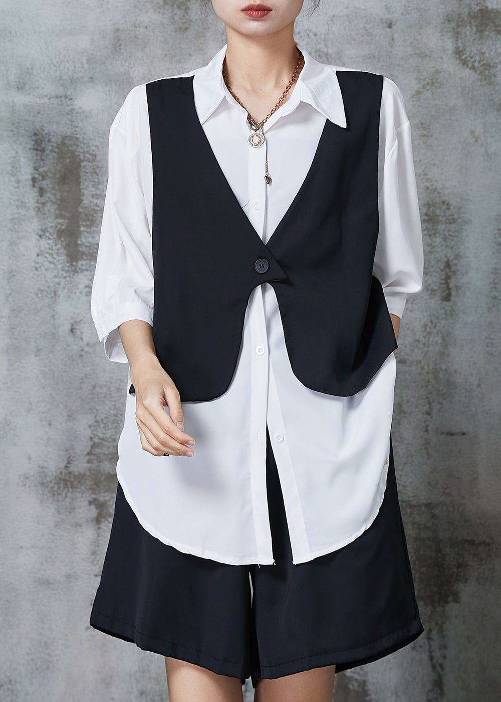 Black Loose Chiffon Fake Two Piece Shirts and Shorts Two Pieces Set Oversized Summer