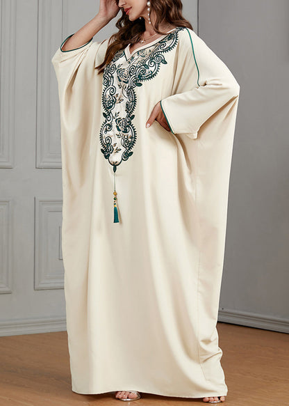 Beige Printing Tasseled Cotton Dresses Batwing Sleeve