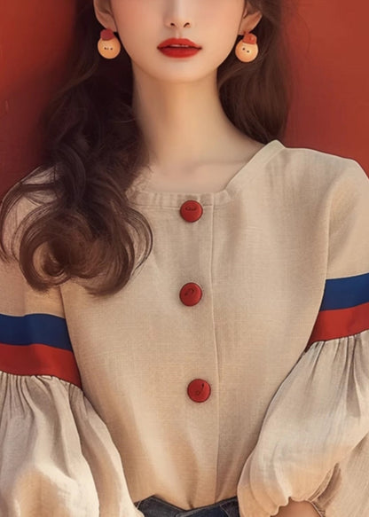 Art Apricot O-neck Patchwork Cotton Blouse Lantern Sleeve