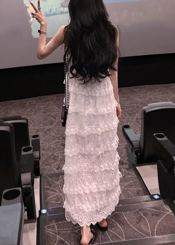 Stylish White Ruffled Side Open Lace Spaghetti Strap Dress Sleeveless