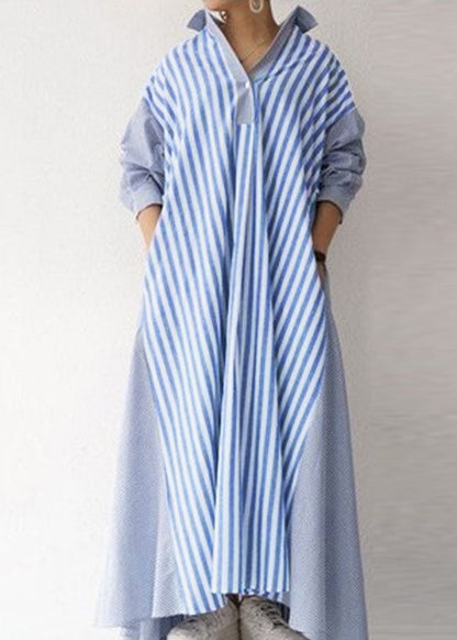 European and American Style Black Peter Pan Collar Striped Cotton Shirts Dress Spring
