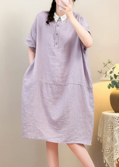 Purple Button Pockets Cotton Summer Dresses Peter Pan Collar