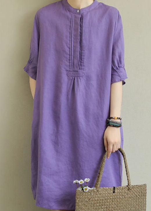 Purple Patchwork Low High Design Cotton Dress Half Sleeve