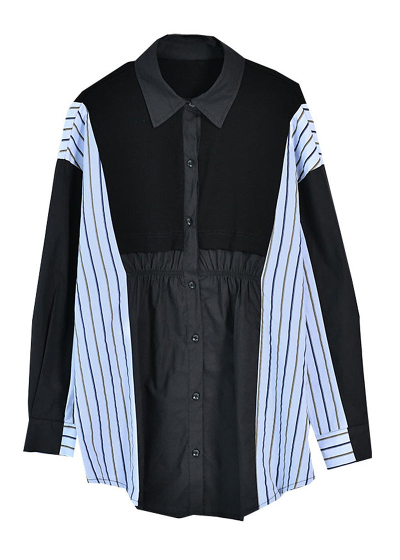 Black Peter Pan Collar Wrinkled Striped Patchwork Low High Design Button Cotton Shirt Long Sleeve