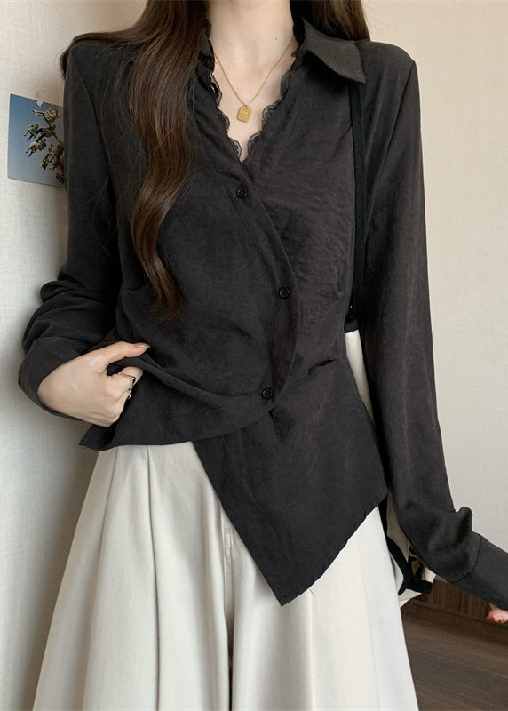 Black Asymmetrical Patchwork Silk Shirt Tops Fall