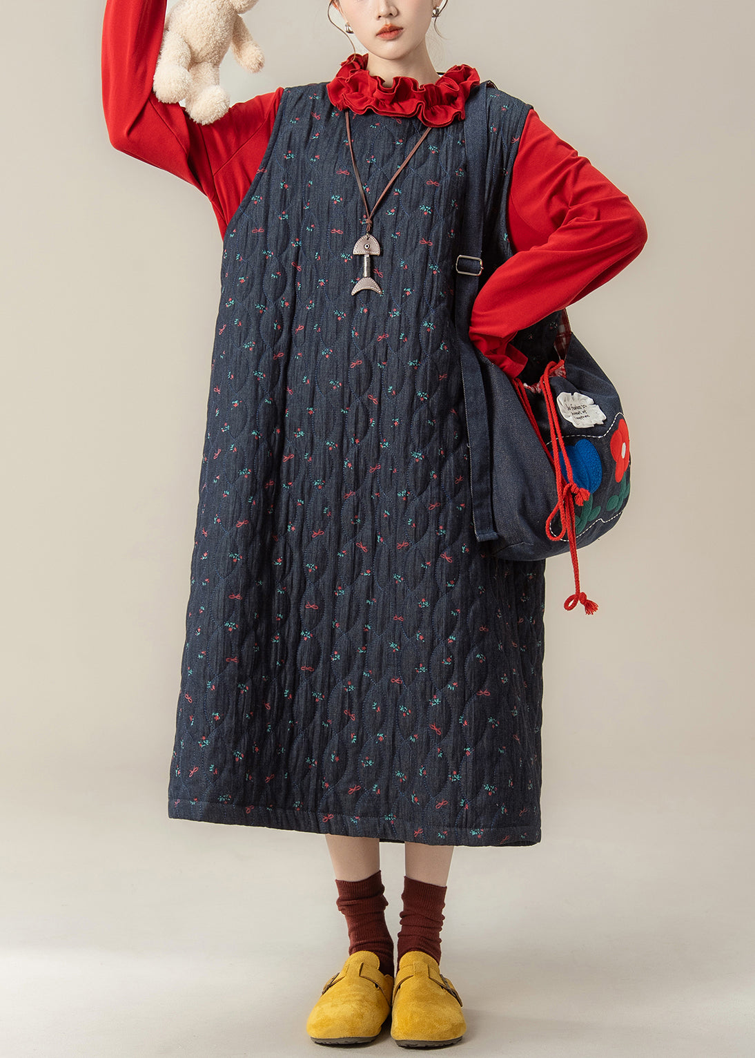 Loose Navy Print Dress and Red Ruffled T Shirt Cotton Filled Two Pieces Set Winter