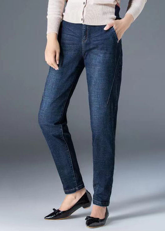 Fitted Navy High Waist Pockets Color Cotton Denim Pants Fall