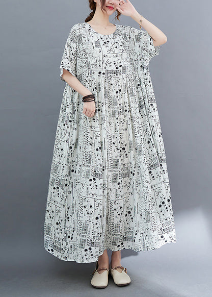 White O-neck Patchwork Wrinkled Party Maxi Dress Short Sleeve