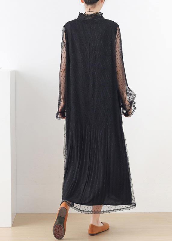 Black Stand Long Sleeve Ankle Summer Chiffon Dress