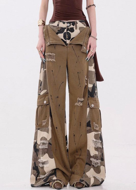 Camouflage Pockets False Two Pieces Patchwork Denim Pants Fall