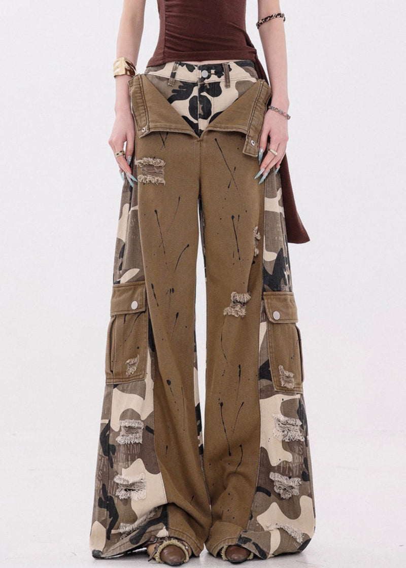 Camouflage Pockets False Two Pieces Patchwork Denim Pants Fall