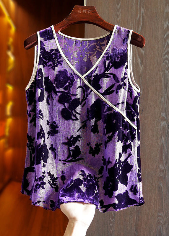 Yellow V Neck Patchwork Print Silk Tanks Sleeveless