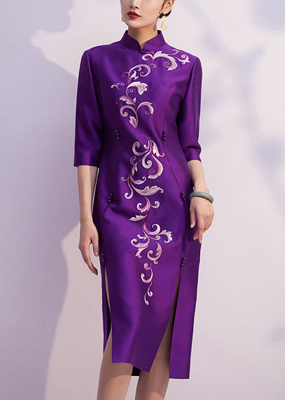 Chinese Style Purple Embroideried Side Open Silk Dresses Half Sleeve
