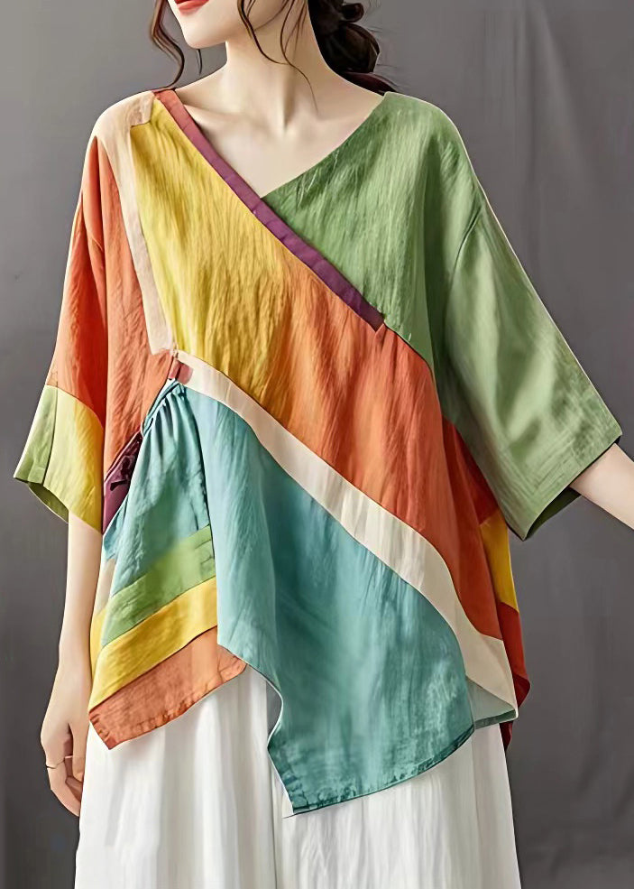Colorblock V Neck Asymmetrical Wrinkled Top Summer