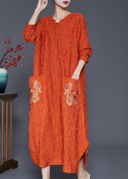 Orange Embroideried Wrinkled Silk Ankle Dress Fall