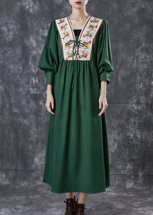 Green Cinched Patchwork Lace Up Cotton Dresses Spring